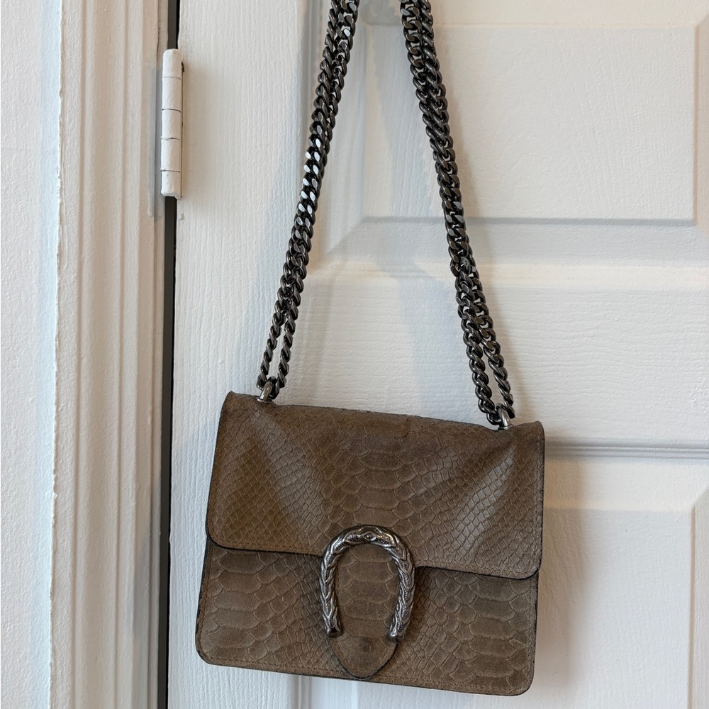 Brown Python-Texture Shoulder Bag with Gunmetal C… - image 1